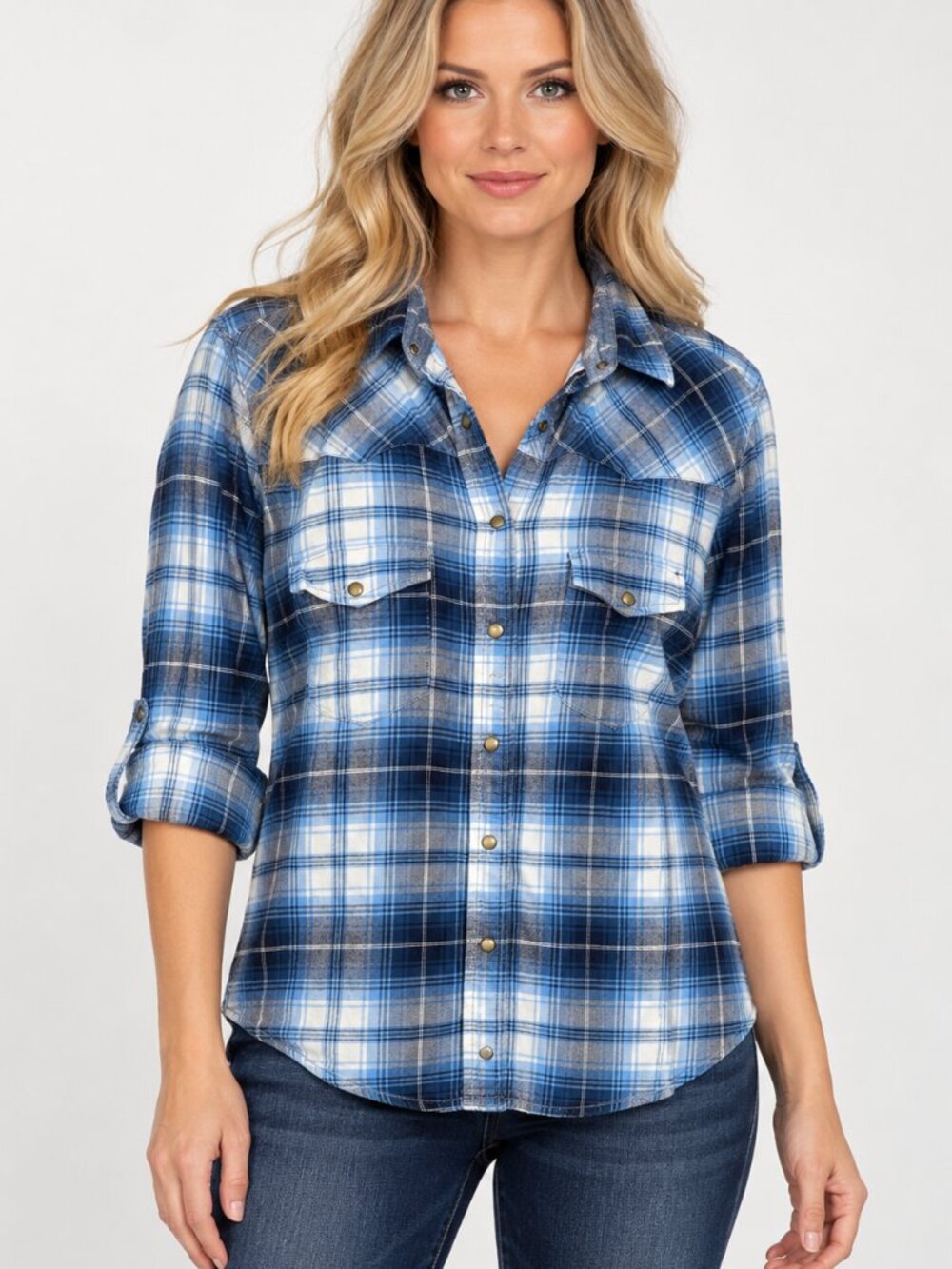 Jachs Girlfriend "Bea" Light Flannel Blue Plaid Button-Down Shirt